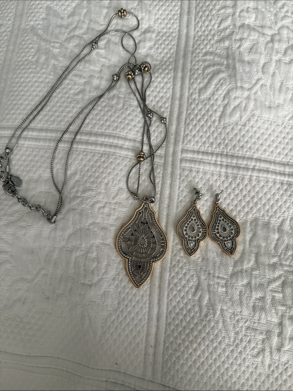 Chico's Two-Tone Silver & Gold Filigree Pendant Necklace with Matching Earrings